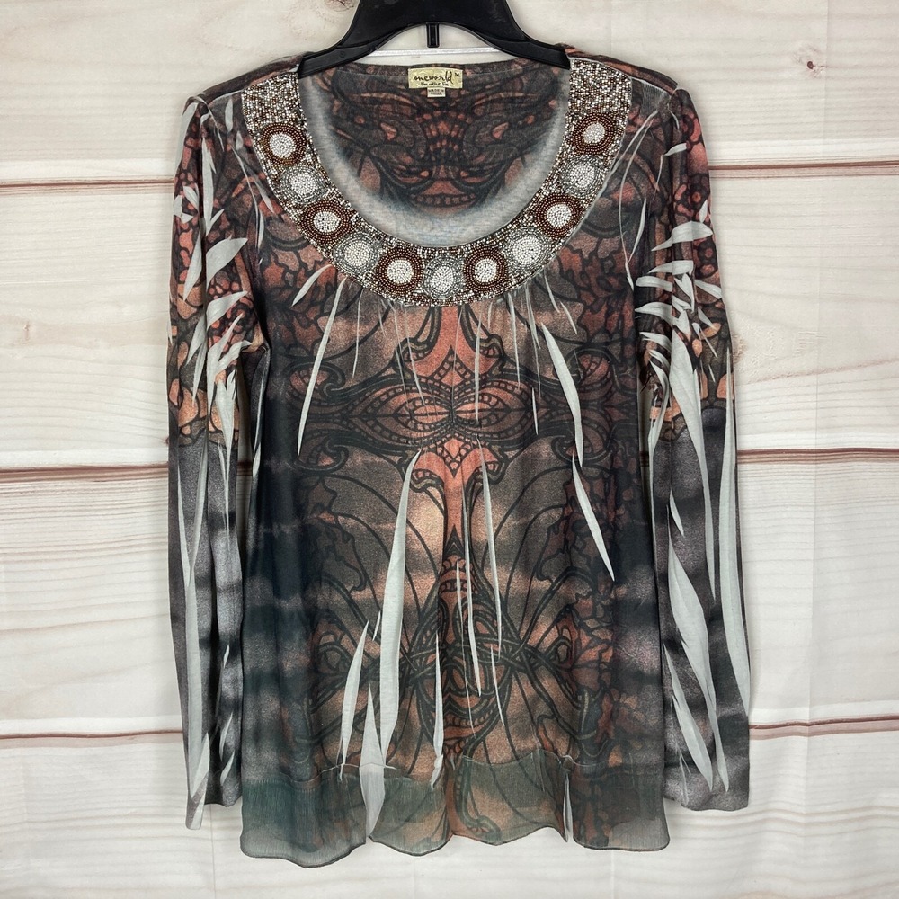One World Top Womens Medium Scoop Neck Beaded Stretch Long Sleeve Geometric Knit